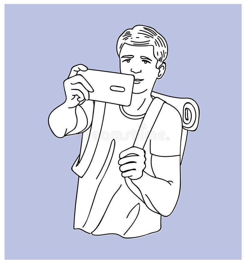 Hombre joven atractivo alegre con la mochila que toma el selfie en su teléfono móvil, retrato de la foto del hombre feliz hermoso stock de ilustración Hombre joven atractivo alegre con la mochila que toma el selfie en su teléfono móvil, retrato de la foto del hombre feliz hermoso stock de ilustración