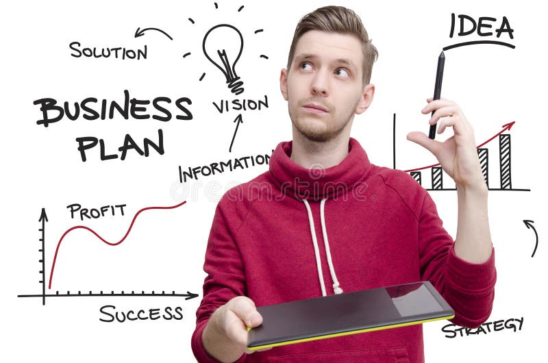 Hombre joven con el cojín del dibujo y pluma que se imaginan el plan empresarial imagen de archivo libre de regalías Hombre joven con el cojín del dibujo y pluma que se imaginan el plan empresarial imagen de archivo libre de regalías