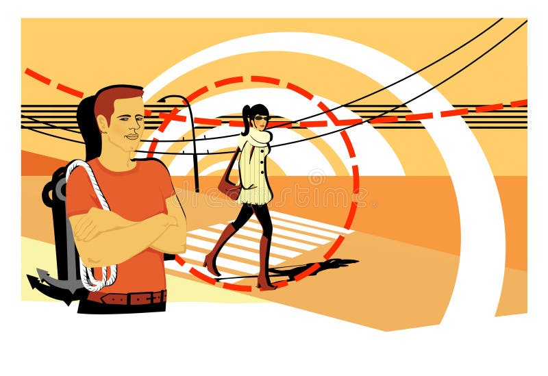 Hombre joven con un ancla en su hombro La muchacha cruza el camino Pickuper conocido marinero libre illustration Hombre joven con un ancla en su hombro La muchacha cruza el camino Pickuper conocido marinero libre illustration