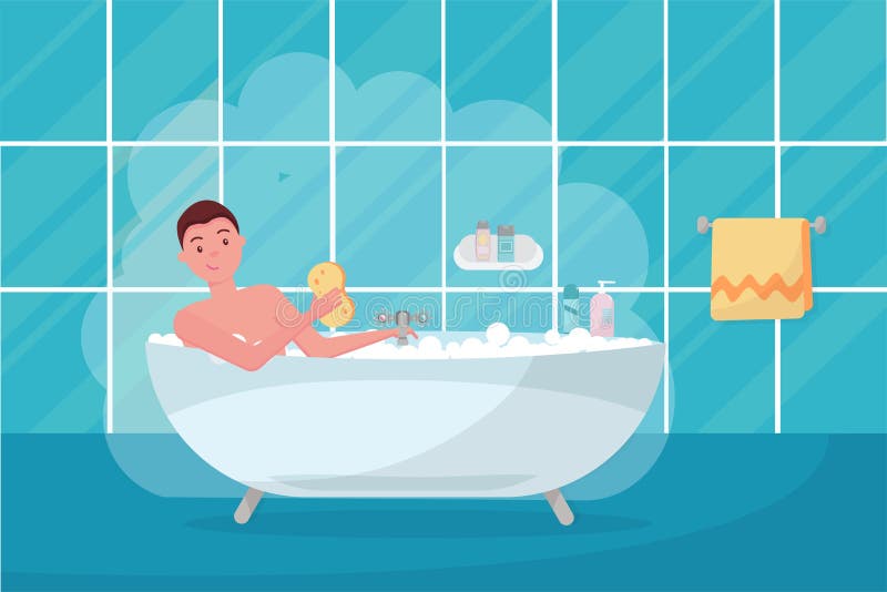 Young man in bathtub bubble foam. Bathroom home interior with bath in tile. Guy holding washcloth. picture on personal hygiene. Flat cartoon vector illustration. Young man in bathtub bubble foam. Bathroom home interior with bath in tile. Guy holding washcloth. picture on personal hygiene. Flat cartoon vector illustration