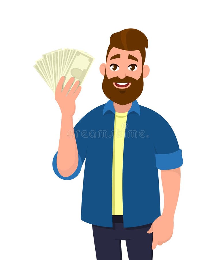 Hombre joven feliz que sostiene efectivo/el dinero/billetes de banco ilustración del vector
