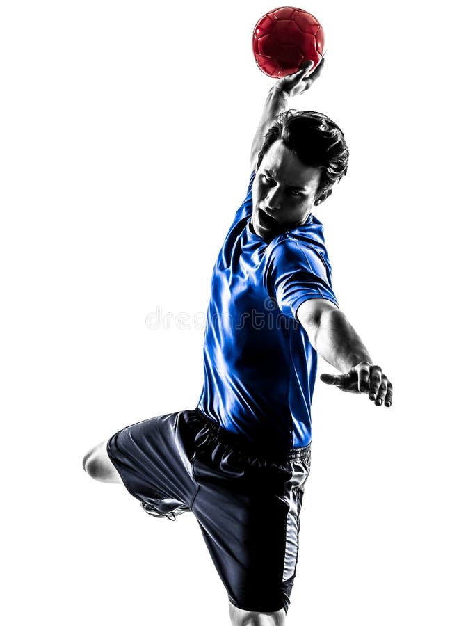 Hombre joven que ejercita la silueta del jugador del balonmano fotos de archivo Hombre joven que ejercita la silueta del jugador del balonmano fotos de archivo