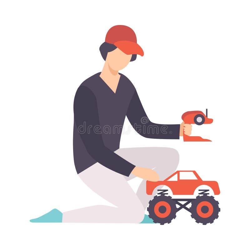 Hombre joven que juega con el coche controlado de radio, Guy Holding Remote Control Olaying con el ejemplo del vector del coche e stock de ilustración