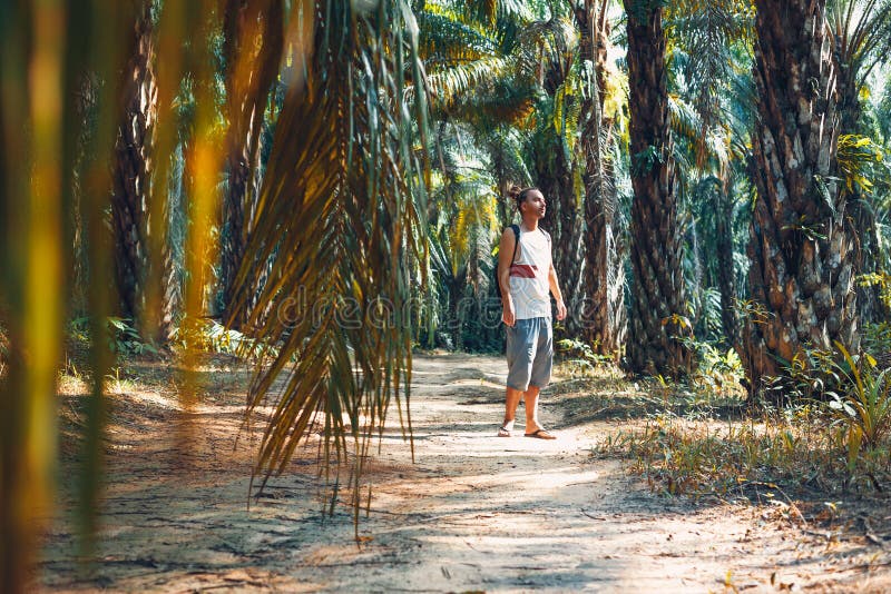 Hombre joven turista en la carretera su bosque tropical al atardecer foto de archivo libre de regalías Hombre joven turista en la carretera su bosque tropical al atardecer foto de archivo libre de regalías