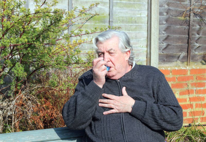 An elderly or old man outdoors having problem breathing and using an asthma inhaler for relief. An elderly or old man outdoors having problem breathing and using an asthma inhaler for relief.