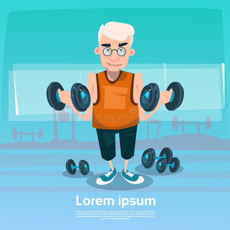 Hombre mayor en entrenamiento de elevación del ejercicio del peso del gimnasio stock de ilustración Hombre mayor en entrenamiento de elevación del ejercicio del peso del gimnasio stock de ilustración