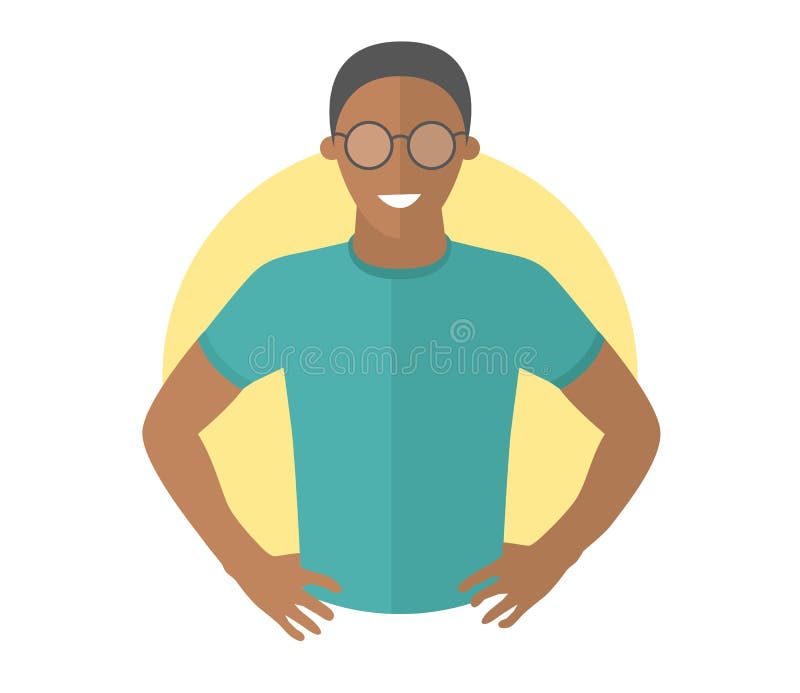 Hombre negro hermoso confiado en vidrios Icono plano del diseño Muchacho resuelto con los brazos en jarras Illustra aislado simpl libre illustration