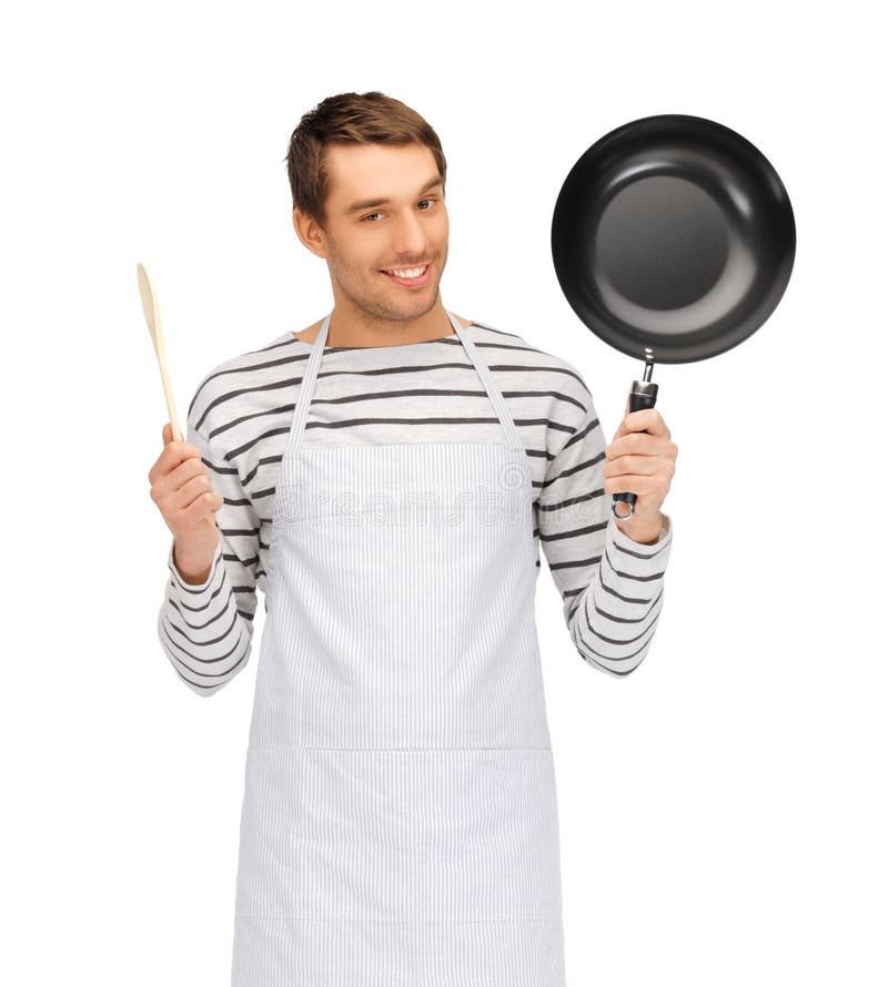 People, cooking and culinary concept - happy man or cook in apron with frying pan and wooden spoon. People, cooking and culinary concept - happy man or cook in apron with frying pan and wooden spoon