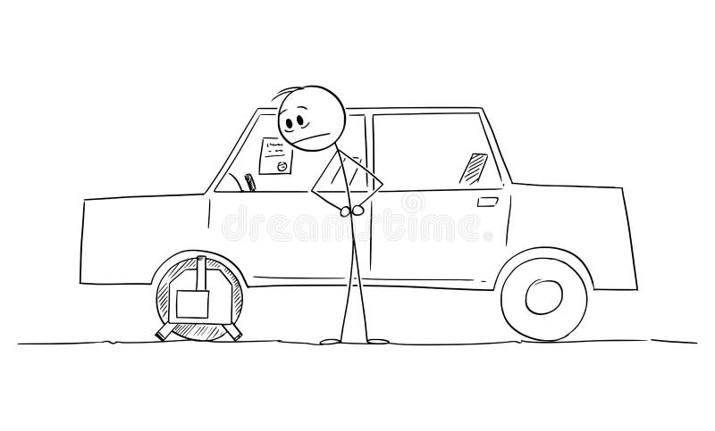 Driver or owner watching wheel clamp installed on his car, vector cartoon stick figure or character illustration. Driver or owner watching wheel clamp installed on his car, vector cartoon stick figure or character illustration.