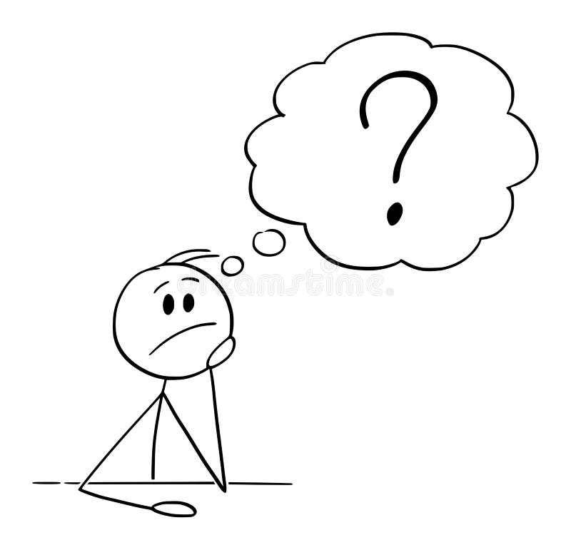 Hombre o hombre de negocios sentado detrás de escritorio pensar para pregunta respuesta vector dibujo animado figura ilustración ilustración del vector