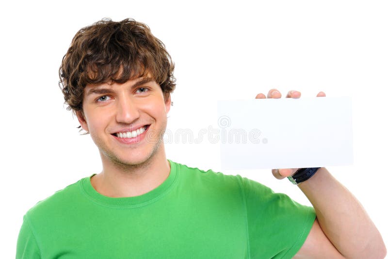 Hombre ocasional que sostiene la tarjeta en blanco fotos de archivo Hombre ocasional que sostiene la tarjeta en blanco fotos de archivo