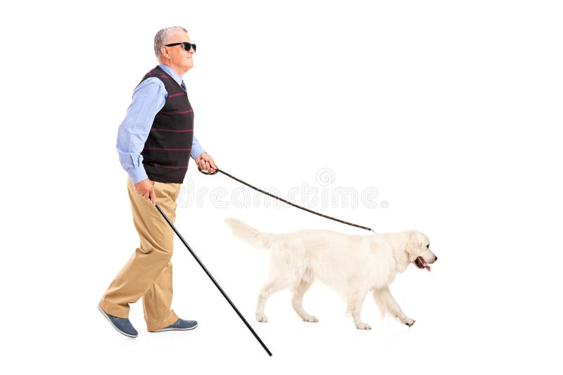 Hombre oculto que se mueve con el bastón y su perro
