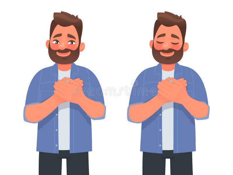 Hombre Positivo Tocado Sostiene Sus Manos En El Pecho Expresando Gratitud.  Ilustración Vectorial Stock de ilustración - Ilustración de amablemente,  agradecido: 216405661