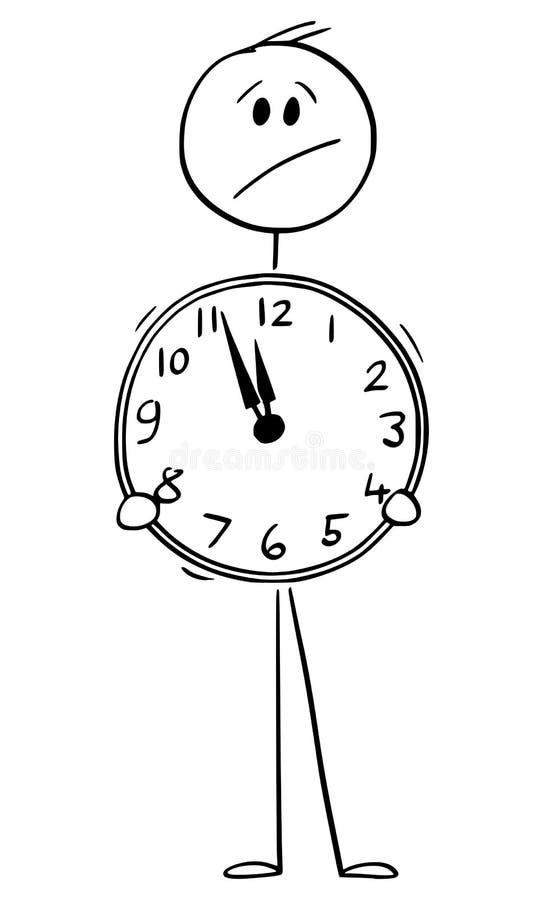 Hombre preocupado o empresario sosteniendo pared reloj vector dibujo animado palo figura ilustración stock de ilustración