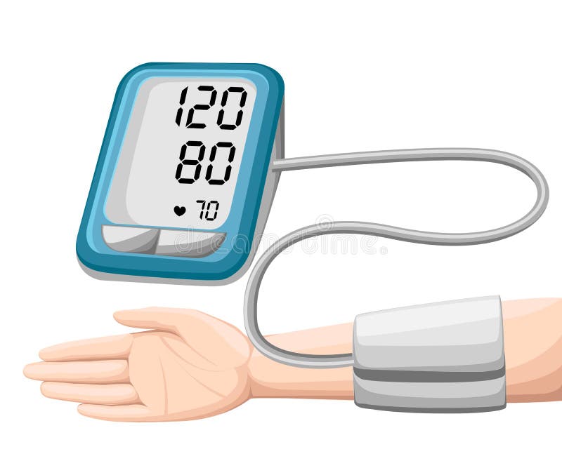 Hombre que comprueba la presión arterial arterial Tonometer del dispositivo de Digitaces Equipamiento médico Diagnostique la hipe stock de ilustración Hombre que comprueba la presión arterial arterial Tonometer del dispositivo de Digitaces Equipamiento médico Diagnostique la hipe stock de ilustración