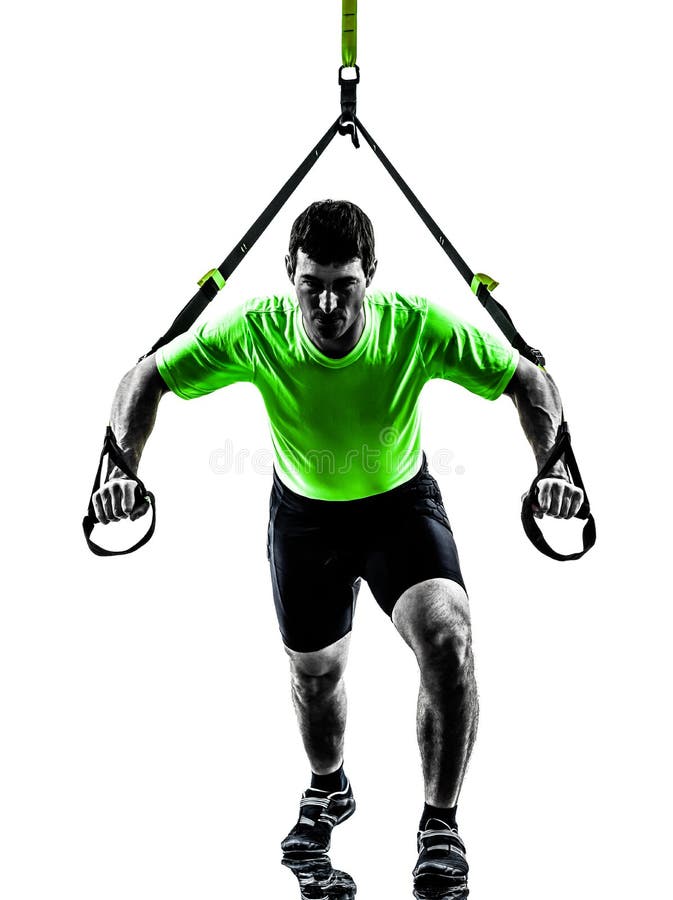 Hombre que ejercita la silueta del trx del entrenamiento de la suspensión imágenes de archivo libres de regalías Hombre que ejercita la silueta del trx del entrenamiento de la suspensión imágenes de archivo libres de regalías