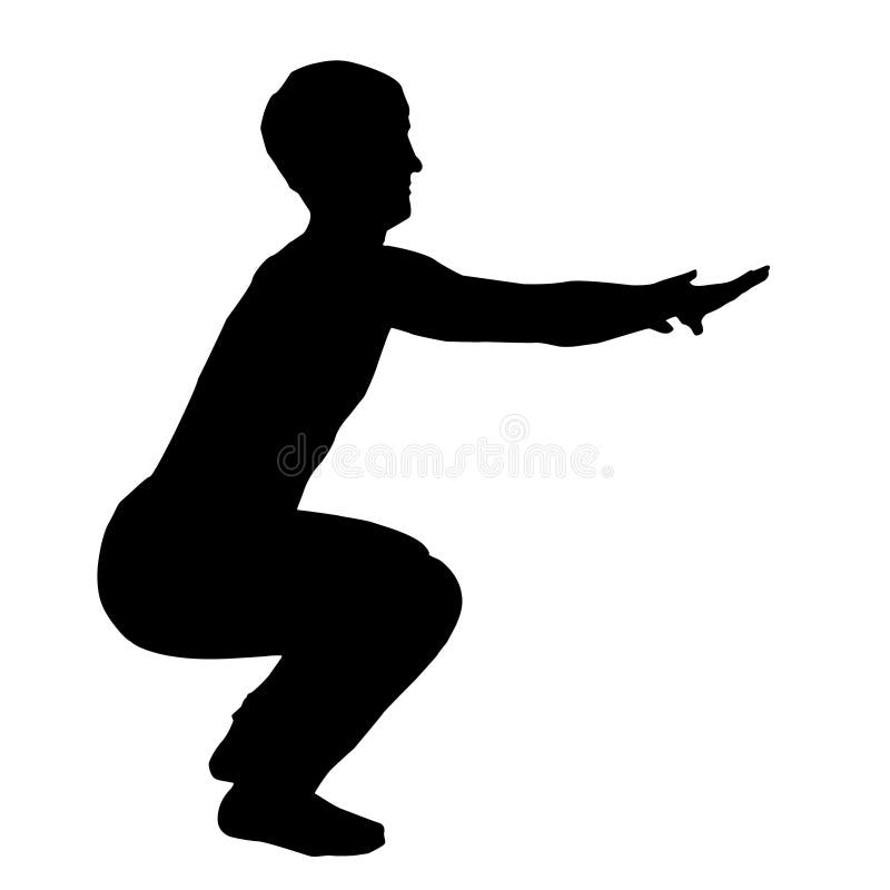 Hombre que hace posiciones en cuclillas Silueta negra aislada de un hombre que hace posiciones en cuclillas en el fondo blanco libre illustration Hombre que hace posiciones en cuclillas Silueta negra aislada de un hombre que hace posiciones en cuclillas en el fondo blanco libre illustration