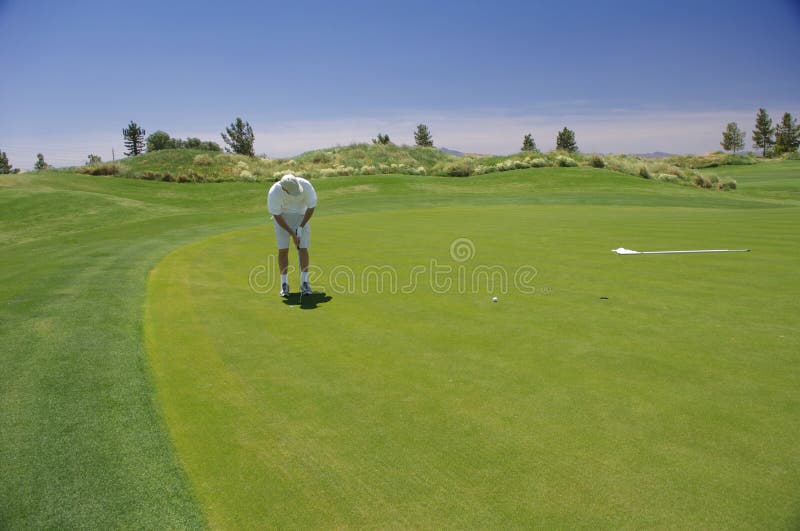Golfer putting on green with mountains in the background. Golfer putting on green with mountains in the background