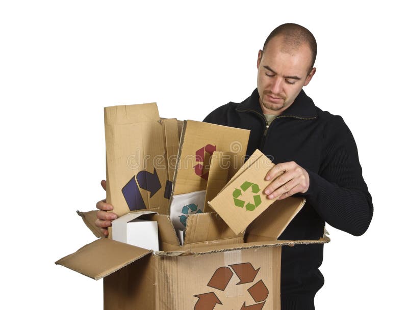 Fine image of caucasian man recycling cardboard. Fine image of caucasian man recycling cardboard