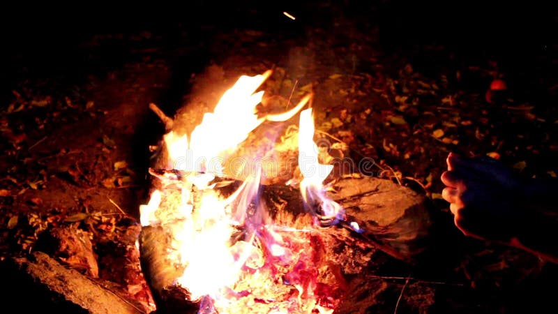 Hombre que se calienta las manos por el fuego Hoguera grande, noche Un fuego enorme en un fondo oscuro Primer de la hoguera