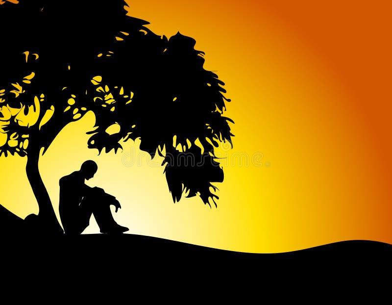 Hombre que se sienta bajo puesta del sol del árbol ilustración del vector Hombre que se sienta bajo puesta del sol del árbol ilustración del vector