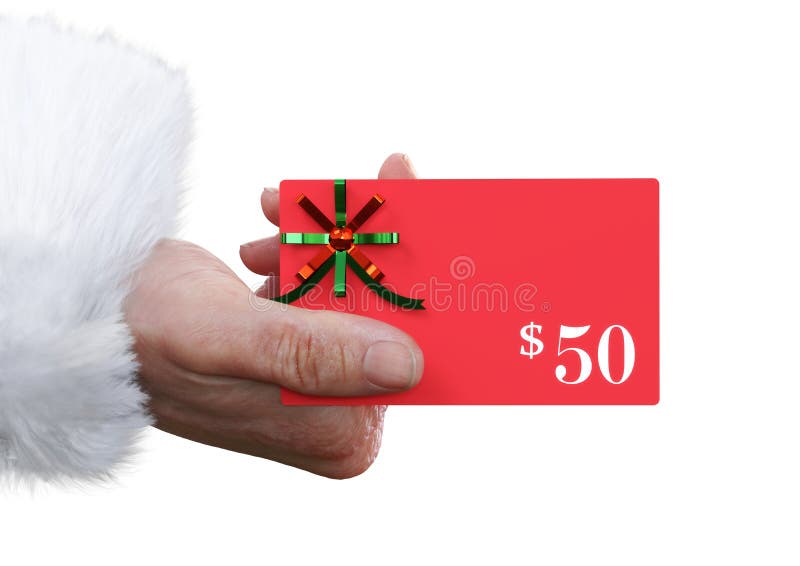 Hombre que sostiene hacia fuera $50 mofa de la tarjeta de regalo 00 para arriba en un traje de Santa Christmas en un fondo blanco foto de archivo Hombre que sostiene hacia fuera $50 mofa de la tarjeta de regalo 00 para arriba en un traje de Santa Christmas en un fondo blanco foto de archivo