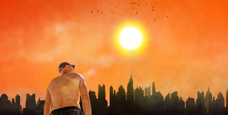 Hombre que sufre de calor y contaminación en la ciudad que se quema el día de verano en ola de calor imagen de archivo
