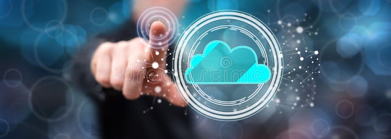 Hombre que toca un concepto del establecimiento de una red de la nube fotografía de archivo libre de regalías Hombre que toca un concepto del establecimiento de una red de la nube fotografía de archivo libre de regalías