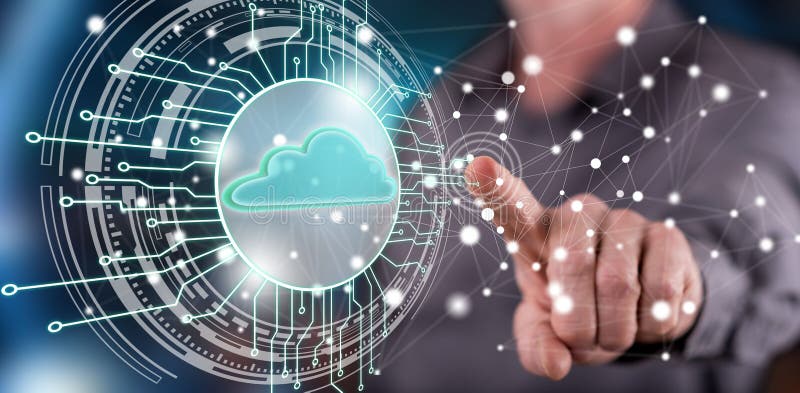 Hombre que toca un concepto del sistema de cálculo de la nube foto de archivo Hombre que toca un concepto del sistema de cálculo de la nube foto de archivo