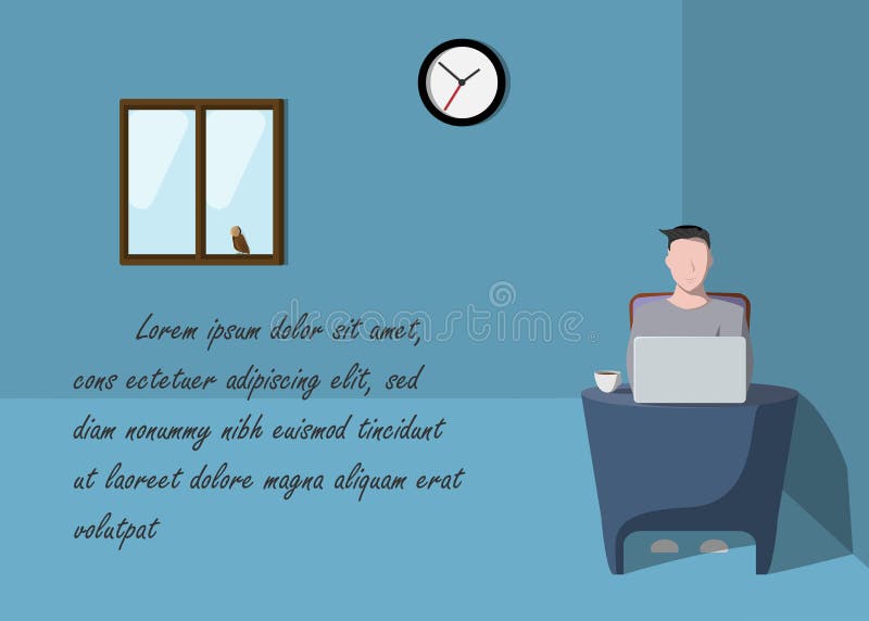 Hombre que trabaja en el ejemplo simple del vector del diseño de la historieta del ordenador portátil en casa de la muestra del a libre illustration Hombre que trabaja en el ejemplo simple del vector del diseño de la historieta del ordenador portátil en casa de la muestra del a libre illustration