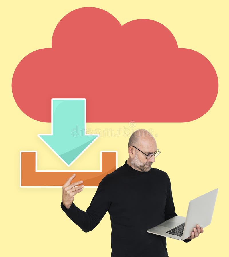 Hombre que transfiere ficheros de una nube ilustración del vector Hombre que transfiere ficheros de una nube ilustración del vector