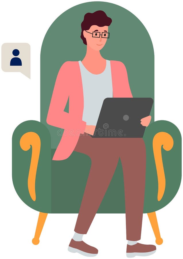 Chat comunicación y envío de mensajes a través de Internet. hombre sentado en un sillón está usando una laptop para chatear. red social en línea hogar relajación. hombre pasa tiempo en la laptop para la comunicación