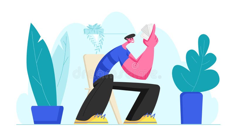 Hombre sonriente divertido que se sienta en la silla con las tarjetas a disposici?n Car?cter masculino joven que tiene buen tiemp stock de ilustración Hombre sonriente divertido que se sienta en la silla con las tarjetas a disposici?n Car?cter masculino joven que tiene buen tiemp stock de ilustración