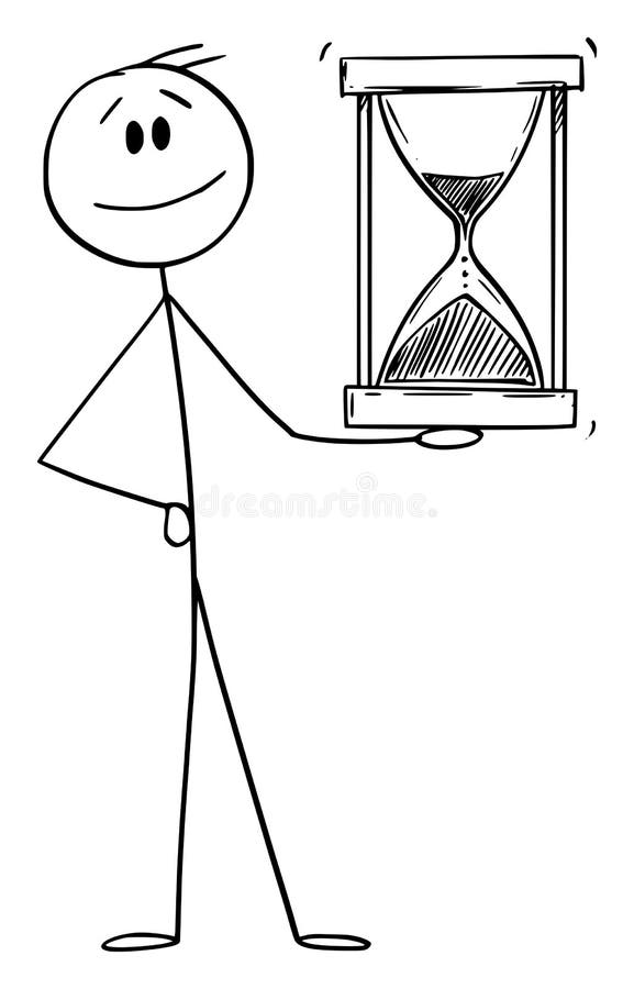 Hombre sonriente o hombre de negocios sosteniendo reloj de arena o sandglass vector dibujo animado figura ilustración ilustración del vector