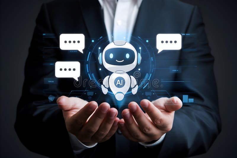 Hombre sostiene un robot holográfico con burbujas de voz en una interfaz digital libre illustration