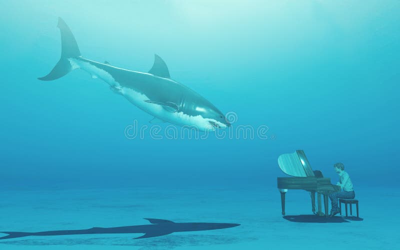 Compadecerse Prever cielo Hombre Tocando Piano Bajo El Agua a Un Tiburón . Stock de ilustración -  Ilustración de actividad, concierto: 218760958