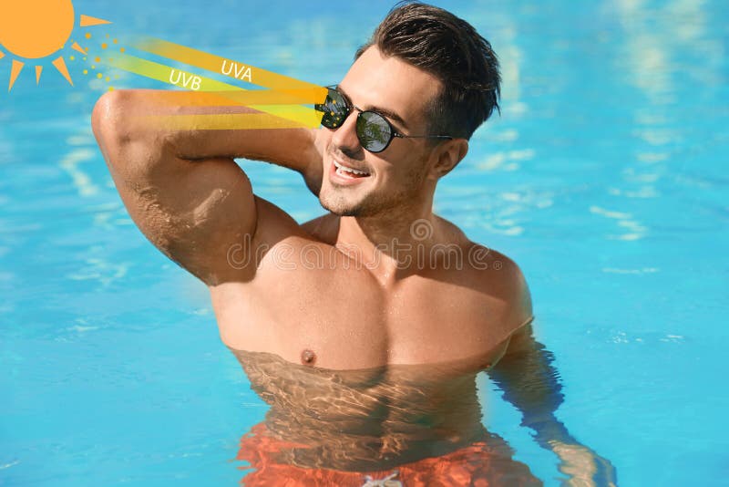Hombre Usando Gafas De Sol En La Piscina Al Aire Libre Rayos UVA Y
