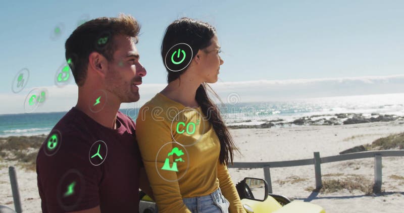 Hombre y mujer apoyándose en un auto amarillo en el observatorio costero mostrando iconos de la energía verde libre illustration
