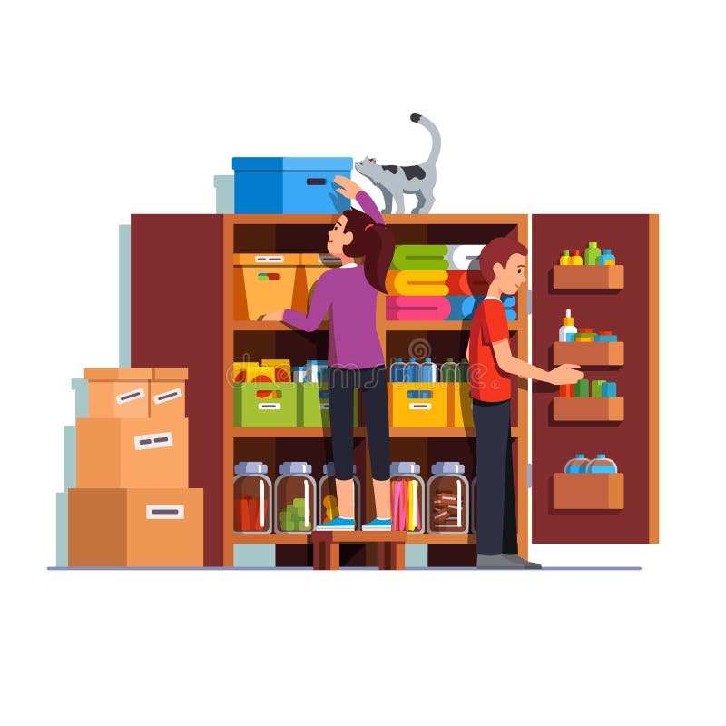 Hombre y mujer que trabajan en casa la despensa o el sótano libre illustration Hombre y mujer que trabajan en casa la despensa o el sótano libre illustration