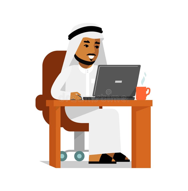 Hombre árabe en concepto de trabajo de Internet del ordenador libre illustration Hombre árabe en concepto de trabajo de Internet del ordenador libre illustration