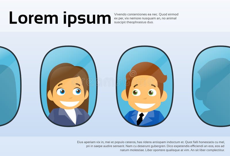 Hombres de negocios de la mujer del hombre de la historieta de Windows de los aviones ilustración del vector Hombres de negocios de la mujer del hombre de la historieta de Windows de los aviones ilustración del vector