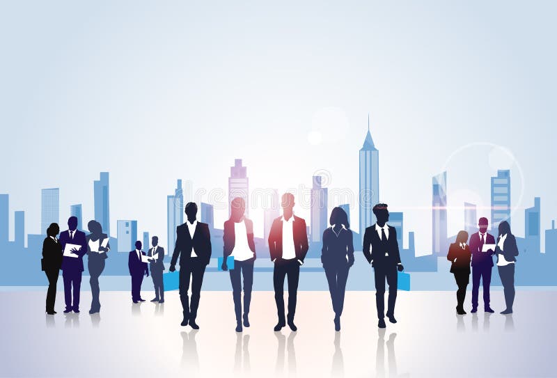 Hombres de negocios de la silueta del grupo, empresarios sobre concepto moderno de los edificios de oficinas de la ciudad libre illustration Hombres de negocios de la silueta del grupo, empresarios sobre concepto moderno de los edificios de oficinas de la ciudad libre illustration