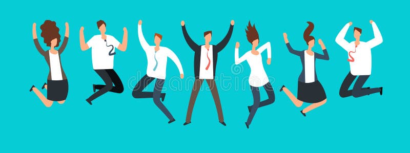 Hombres de negocios emocionados felices, empleados que saltan junto El trabajo y la dirección acertados del equipo vector concept
