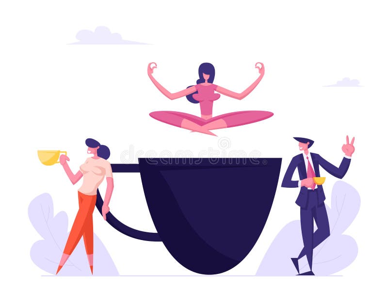 Hombres de negocios en el descanso para tomar café, chica joven que se relaja en la yoga Lotus Posture sobre la taza enorme Emple stock de ilustración Hombres de negocios en el descanso para tomar café, chica joven que se relaja en la yoga Lotus Posture sobre la taza enorme Emple stock de ilustración