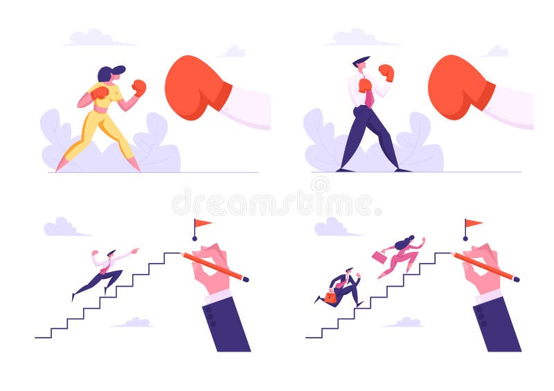 Hombres de negocios que encajonan con el guante grande y que suben arriba para rematar El luchar de los caracteres del hombre y d libre illustration Hombres de negocios que encajonan con el guante grande y que suben arriba para rematar El luchar de los caracteres del hombre y d libre illustration