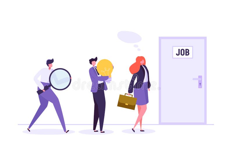Hombres de negocios que esperan entrevista de trabajo delante de la puerta Hombre de negocios y empresaria en busca del nuevo tra libre illustration Hombres de negocios que esperan entrevista de trabajo delante de la puerta Hombre de negocios y empresaria en busca del nuevo tra libre illustration