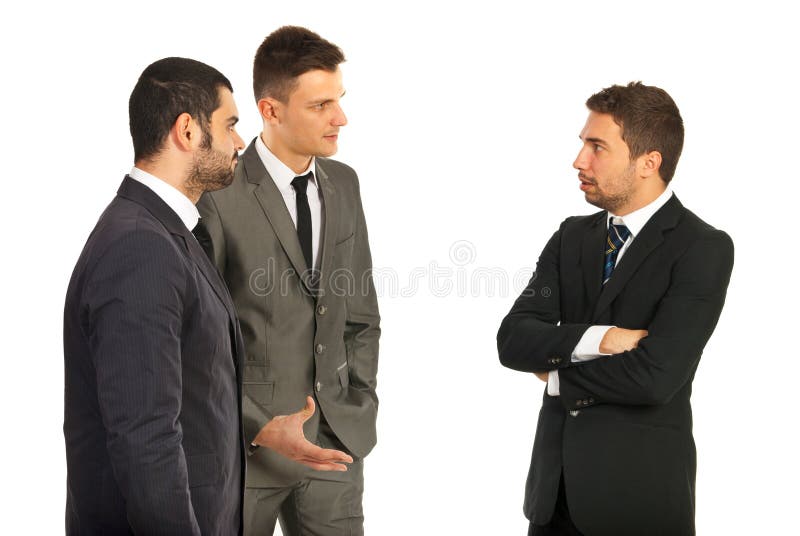 Meeting of three business men having conversation isolated on white background. Meeting of three business men having conversation isolated on white background