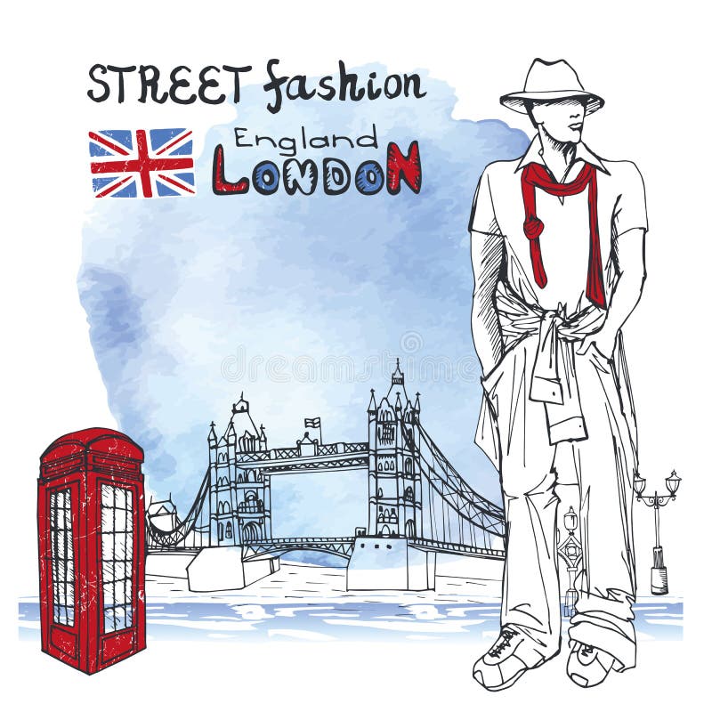 Hombres del tipo de Londres Moda de la calle Fondo del chapoteo de la acuarela stock de ilustración Hombres del tipo de Londres Moda de la calle Fondo del chapoteo de la acuarela stock de ilustración