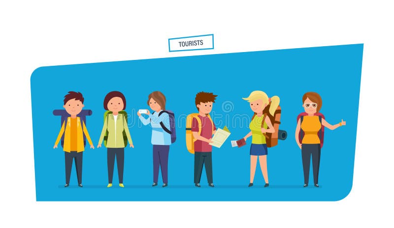 Hombres y viajeros de las mujeres con las mochilas en diversas situaciones libre illustration Hombres y viajeros de las mujeres con las mochilas en diversas situaciones libre illustration