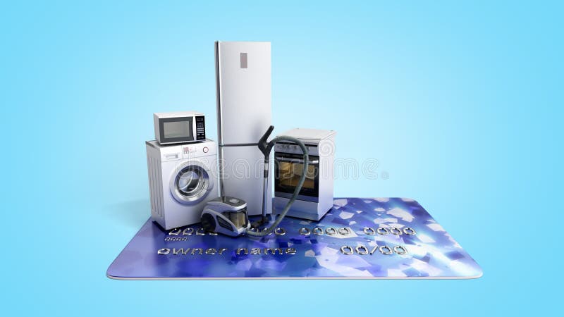 Home appliances on credit card E-commerce or online shopping concept 3d render on blue gradient. Shopping cart credit card illustrations